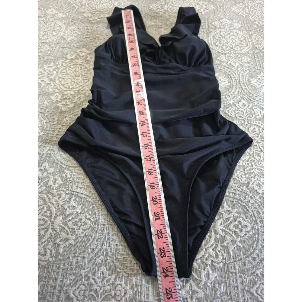 Black Ruffle V-Neck Ruched One Piece Swimsuit Lace Up Back‎ Size Medium